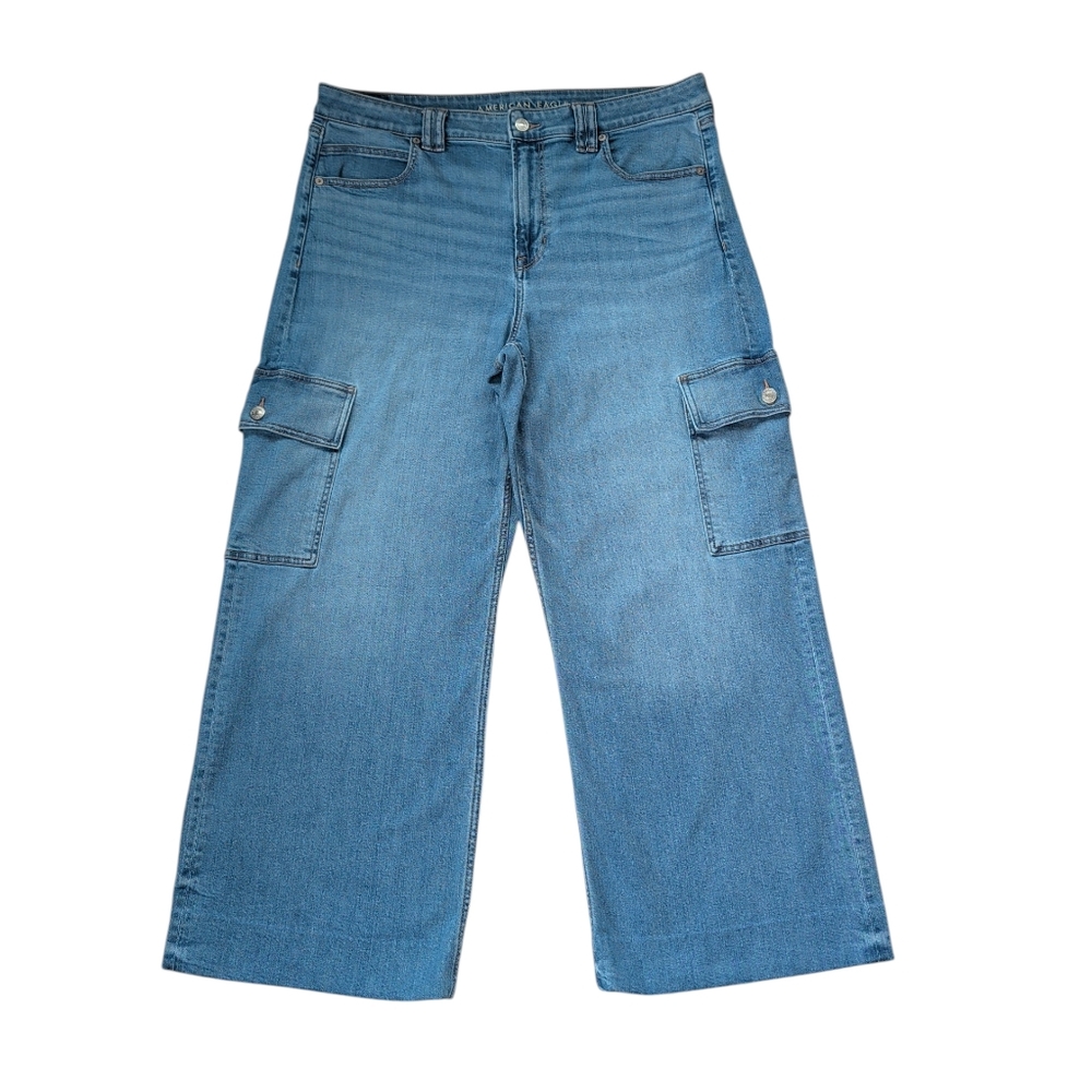 AEO Dreamy Drape Stretch Super High Rise Baggy Wide Leg Cargo Jeans 16 Blue